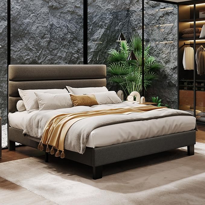 IDEALHOUSE Full Size Bed Frame with Adjustable Headboard, Fabric Upholstered and Wooden Slats Support, Heavy Duty Mattress Foundation, Platform Bed Frame No Box Spring Needed, Easy Assembly, Grey