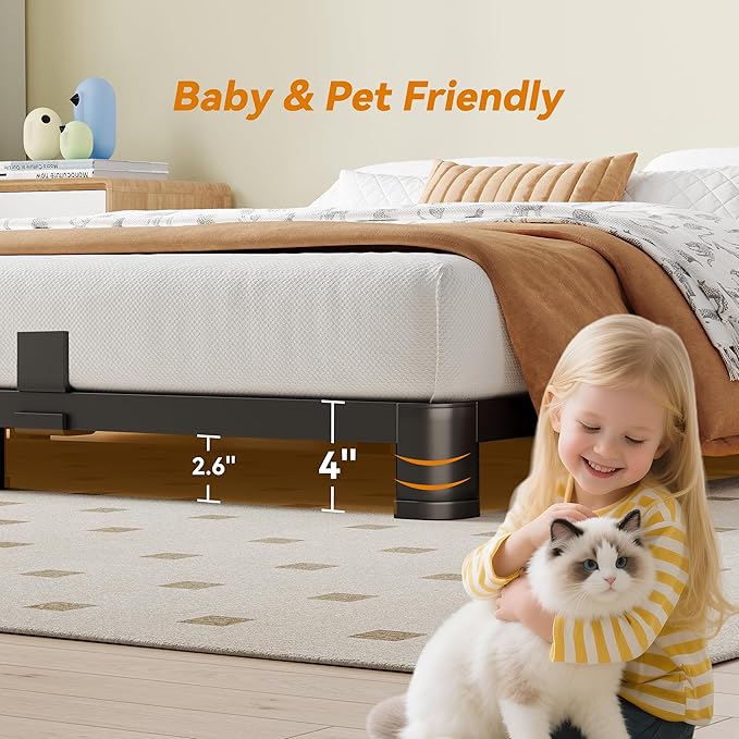 NKZ King Platform Bed Frame 4 Inch, Heavy Duty Metal Low Profile Bed Frame with Round Corner Legs, 3500lbs Weight Capacity Reinforced Frame, No Box Spring Needed，Noise-Free, Easy Assembly