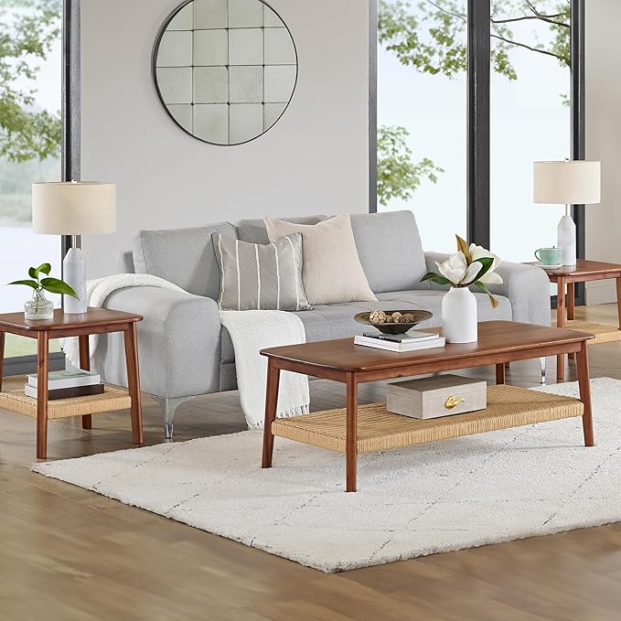 Alaterre Furniture Calais 3-Piece Solid Wood Coffee Table Set with 2 Side Tables – Mid Century Modern Living Room Tables with Woven Storage Shelves (Chestnut)