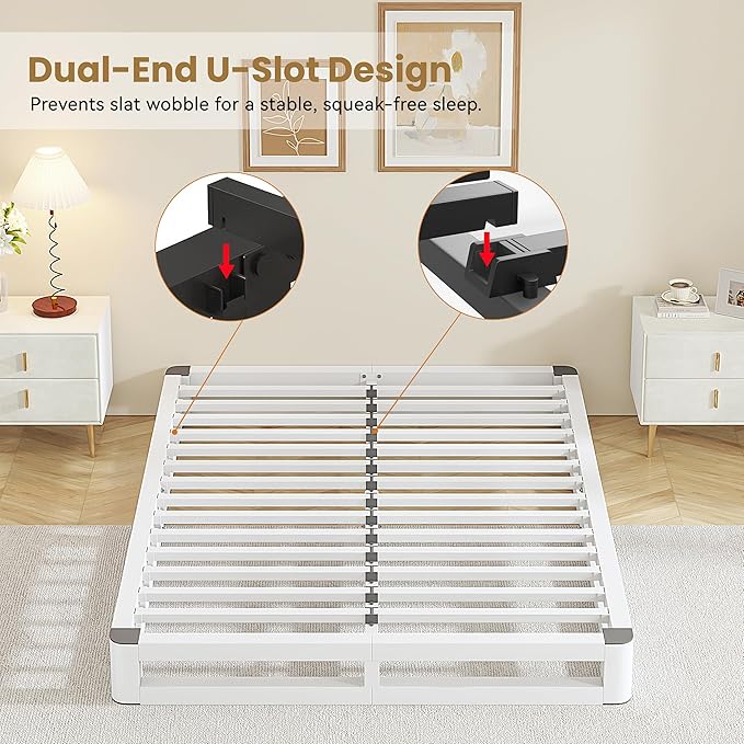 6 Inch Queen Bed Frame with Rounded Corner and Squeak Free U-Slot Design, Metal Platform Bed Frames 6 Non-Slip Guards, 3500lbs Heavy Duty Steel Slat Support, No Box Spring Needed, White