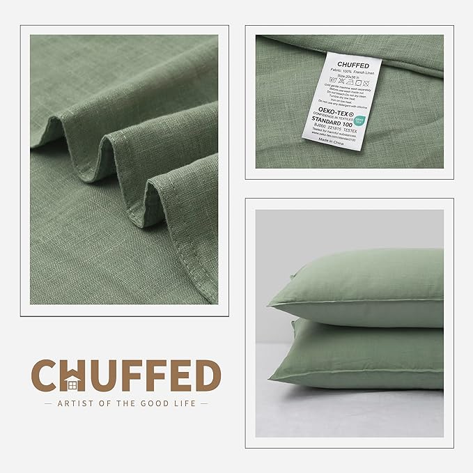 CHUFFED Linen Pillowcases 2 Pack 100% Linen Standard Pillow Cases, Breathable and Cooling Washed Pillowshams with Zipper Closure, 20x36 Inches,Saga Green