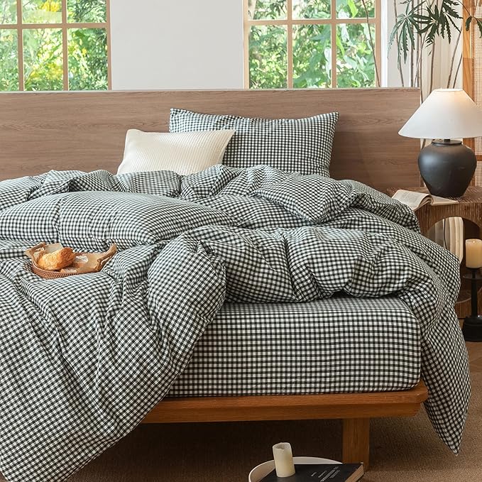 MooMee Gingham Duvet Cover Set 100% Washed Cotton Linen Like Textured Breathable Durable Soft Comfy Modern Checkered Design (Mini Gingham Forest Green, Twin 68"x90")