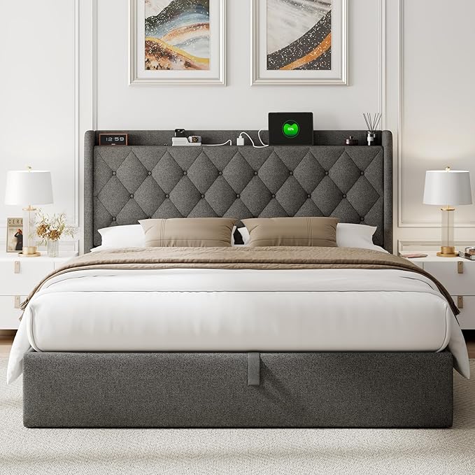 Feonase Full Size Bed Frame with Storage & Charging Station - Hydraulic Lift Up Platform Bed, Upholstered Button Tufted Headboard, Sturdy Wooden Slats, Noise-Free, No Box Spring Needed, Dark Gray