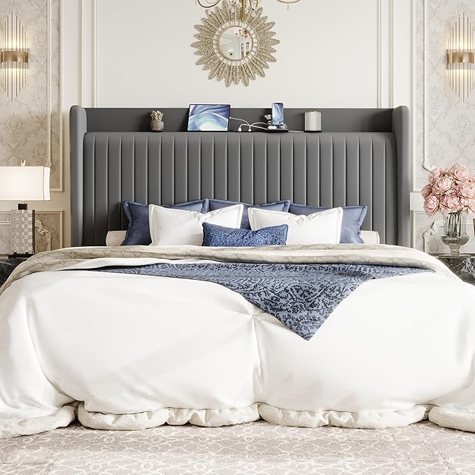 SHA CERLIN King Size Velvet Bed Frame with USB Charging Station, Wingback Storage Headboard, Upholstered Platform Bed with Wooden Slats Support, No Box Spring Needed, Easy Assembly, Grey