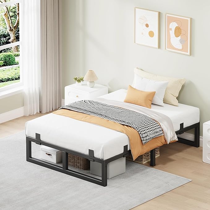 Twin Bed Frames, 12 Inch Metal Platform Bed Frame with Squeak Free U-Slot Design, 6 Non-Slip Guards, 3500lbs Heavy Duty Steel Slat Support, No Box Spring Needed, Under Bed Storage, Black