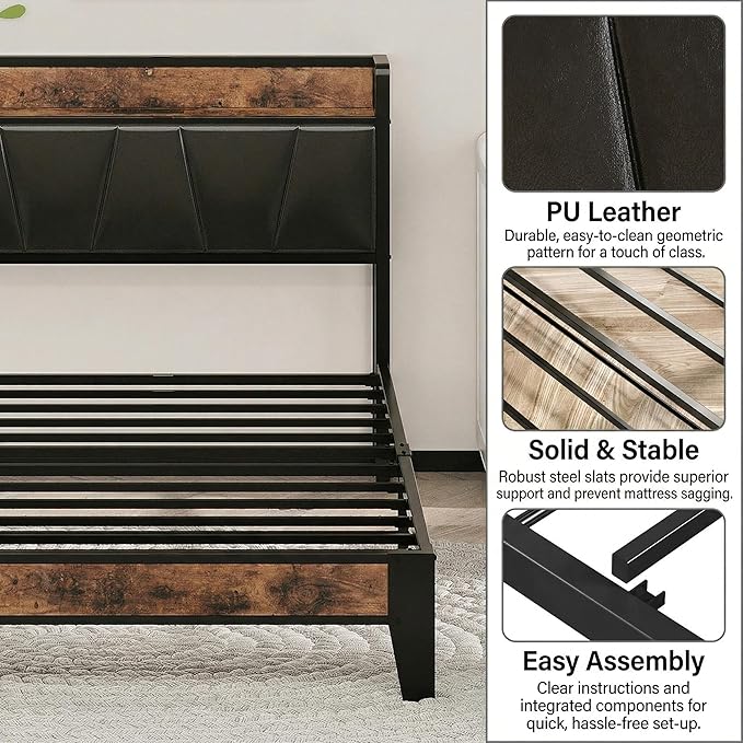 LIKIMIO Twin Bed Frame, Storage Headboard with Charging Station, Solid and Stable, Noise Free, No Box Spring Needed, Easy Assembly (Vintage and Black)