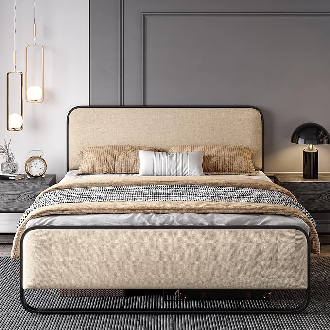 SHA CERLIN Full Size Platform Metal Bed Frame with Curved Upholstered Headboard and Footboard, Large Under Bed Storage, No Box Spring Needed, Modern, Beige