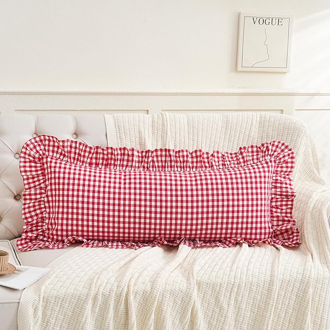 14x36 inches Red/White Plaid Ruffle Lumbar Gingham Pillow Sham 1 Piece, Pure Cotton Decor Pillowcase Farmhouse Pillow Cover for Bedding Couch