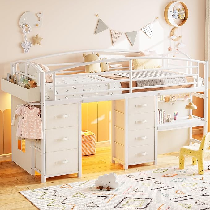 Low Loft Bed Twin Size with 7 Storage Drawers, Desk and LED Lights, Heavy Duty Metal Kids Loft Bed with 12" H Safety Guardrail, Anti-Collision Pad, Private Play Curtain, Under-Bed Play Space - White