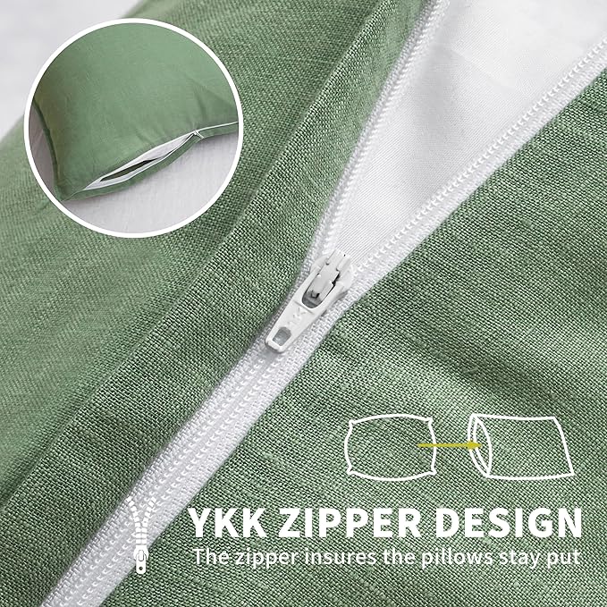 CHUFFED Linen Pillowcases 2 Pack 100% Linen Standard Pillow Cases, Breathable and Cooling Washed Pillowshams with Zipper Closure, 20x36 Inches,Saga Green