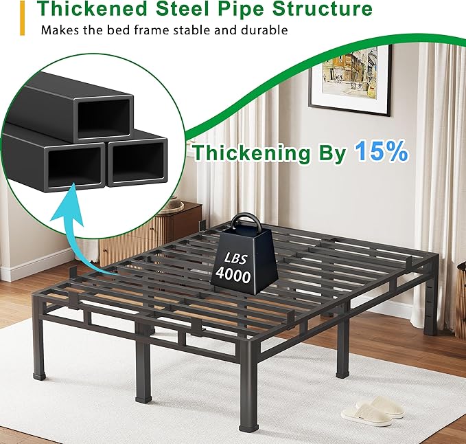 ROIL 18 Inch Full Size Bed Frame, Double Layer Metal Bed Frame with Round Corner Legs, 4000LBS Bed Frame & Box Spring 2 in 1 Platform with Headboard Holes Mattress Baffles, Noise-Free Easy Assembly