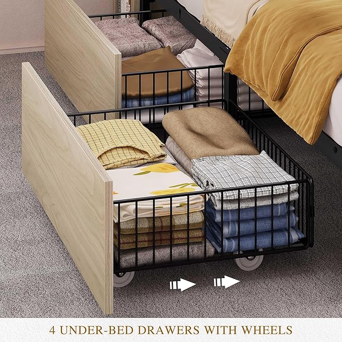 YITAHOME Queen Size Bed Frame with Bookcase Headboard and 4 Storage Drawers, RGB LED Bed Frame with Type-C & USB Charging Station Storage Headboard Bed, No Box Spring Needed, Noise Free, Antique White