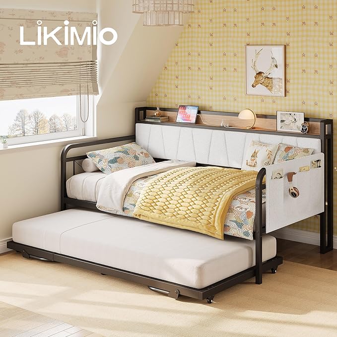 LIKIMIO Twin Daybed, Day Bed with Trundle, Storage Boucle Upholstered Headboard and Charging Station, Trundle Bed with Strong Supports for Living Room, Bedroom, and Guest Room, Cream