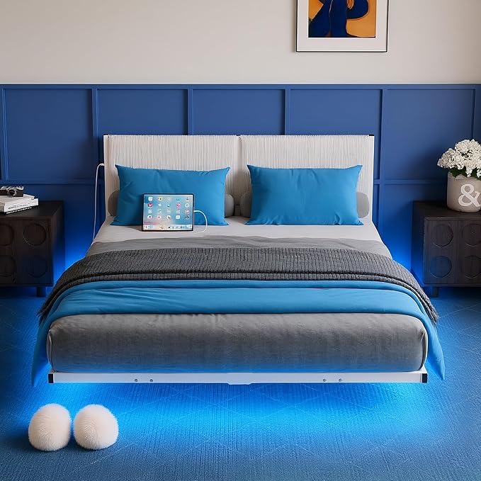 Full Size Bed Frame,Floating Bed Frame Full Size with Headboard,Upholstered Metal Platform Bed with LED Lights & Charging Station,Heavy Duty Steel Slats,No Box Spring Needed,No Noise,White Bed Frame