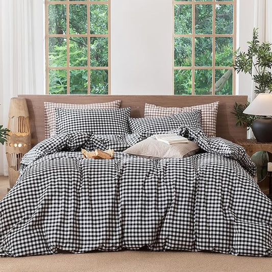 MooMee Gingham Duvet Cover Set 100% Washed Cotton Linen Like Textured Breathable Durable Soft Comfy Modern Checkered Design (Black White Gingham, Super Queen 90"x98")