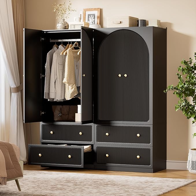 PAKASEPT Armoire Wardrobe Closet with 2 Drawers & Hanging Rod, Freestanding Wooden Wardrobe Cabinet with 2 Striped Doors for Bedroom, Living Room