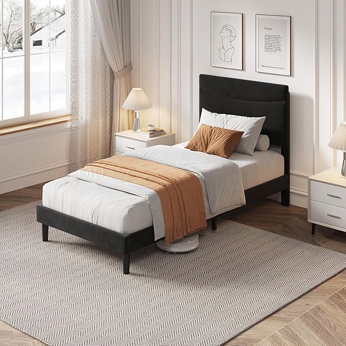 IDEALHOUSE Twin XL Upholstered Platform Bed Frame with Ergonomic Headboard, Beige Soft Fabric, Heavy Duty Wooden Slats, Noise-Free, 6.3" Underbed Storage, No Box Spring Needed, Easy Assembly