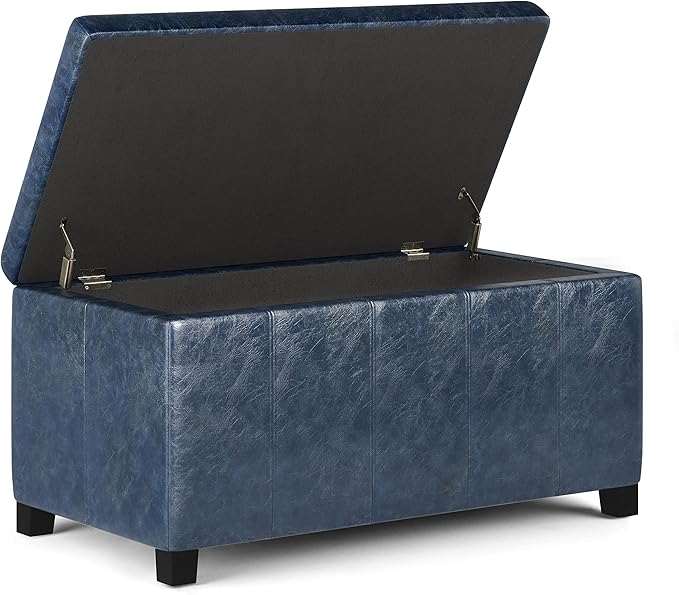 SIMPLIHOME Dover Storage Ottoman Bench - 36 inch Wide Upholstered Vegan Leather Rectangular Lift-Top Ottoman in Denim Blue, Contemporary Bench for Living Room with Safety Hinges