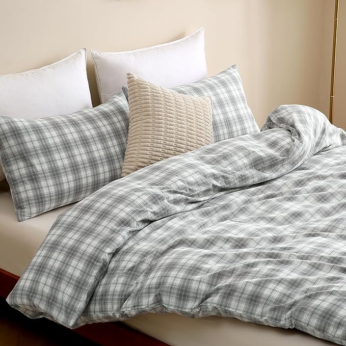TOCOMOA Plaid Duvet Cover Set 100% Washed Cotton Like Linen Feel Super Soft Comfy 3 Piece Grey and Green Gingham Checkered Bedding Comforter Cover Set (Queen 90"x90", Comforter Not Included)