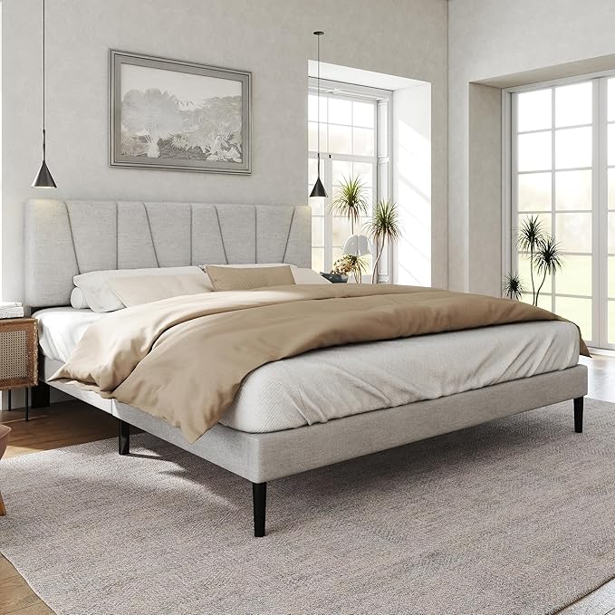 HAOARA King Size Bed Frame with Fabric Upholstered Headboard, Platform Bed with Wooden Slats Support, Fully Mattress Foundation, Box Spring Optional, Easy Assembly, Light Grey