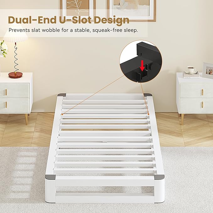 6 Inch Twin Bed Frames with Rounded Corner and Squeak Free U-Slot Design, Metal Platform Bed Frames 6 Non-Slip Guards, 3500lbs Heavy Duty Steel Slat Support, No Box Spring Needed, White