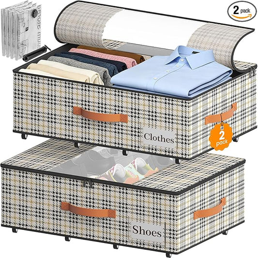 TOSKING 2-Pack Under Bed Storage Bins with Wheels, 4 Vacuum Bags, Heavy Duty 80 lbs, 7.9" Height, 47L Clear Lid Organizer, Space Saver for Dorm Bedroom Clothes Shoes Toys, Quick Assembly, Houndstooth