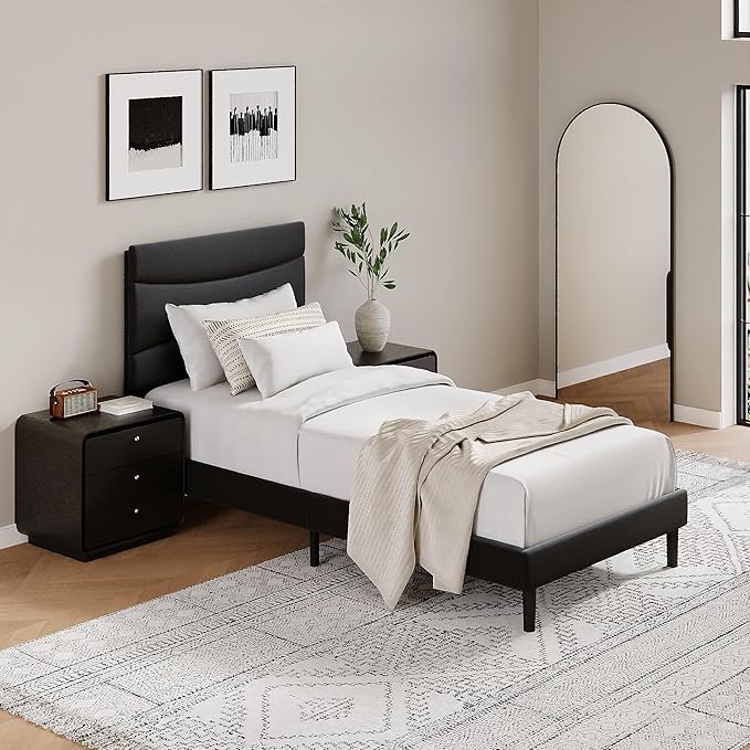 GarveeHome Twin XL Modern Upholstered Bed Frame with Soft Padded Headboard,Sturdy Metal Steel Slat Support, Noise-Free Quiet Design,Easy Assembly,Heavy Duty Stable Bed Frame(Black)