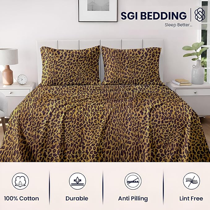 SGI bedding 100% Egyptian Cotton Sheets King Size – 600 Thread Count Sheets Set, Soft, Cooling, 15" Deep Pocket, Luxury Hotel Bedding, Breathable, Durable - Leopard Print