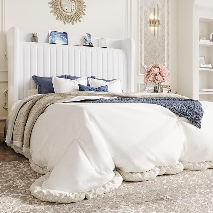 SHA CERLIN Full Size Velvet Bed Frame with USB Charging Station, Wingback Storage Headboard, Upholstered Platform Bed with Wooden Slats Support, No Box Spring Needed, Easy Assembly, White