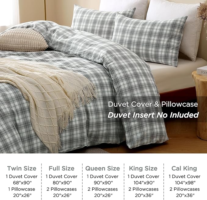 TOCOMOA Plaid Duvet Cover Set 100% Washed Cotton Like Linen Feel Super Soft Comfy 3 Piece Grey and Green Gingham Checkered Bedding Comforter Cover Set (Queen 90"x90", Comforter Not Included)