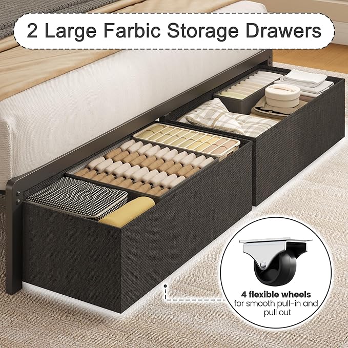 Fluest Full Bed Frame with 2 Drawers, Upholstered Headboard with Storage and Charging Station, LED Lights, Fabric Drawers with Wheels, Under Bed Storage, No Box Spring Needed, Easy Assembly, Grey