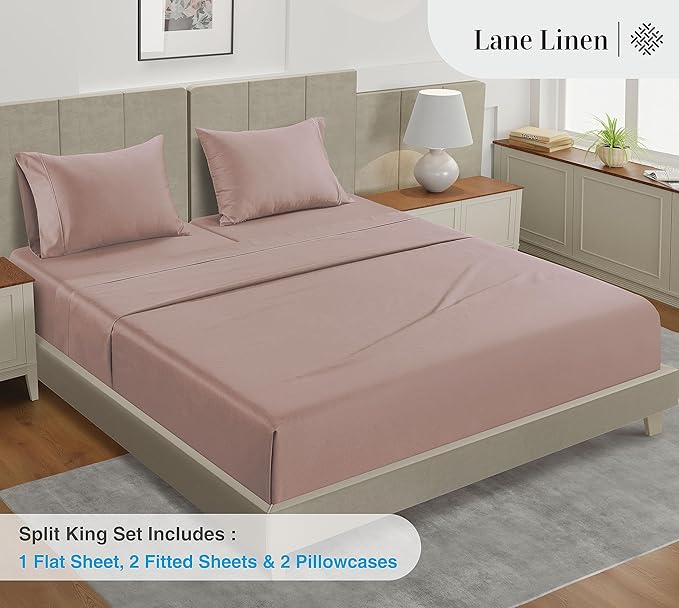 LANE LINEN Split King Sheet Sets for Adjustable Beds - 5 PCs, 450 Thread Count Split King Sheets Set - Sateen King Split Sheets for Adjustable Bed - Split Top King Sheets Set for Bed - Sepia Rose
