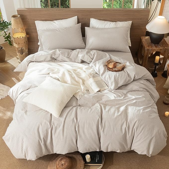 MooMee Gingham Duvet Cover Set 100% Washed Cotton Linen Like Textured Breathable Durable Soft Comfy Modern Checkered Design (Mini Gingham Tannish Linen Grey, King 104"x90")