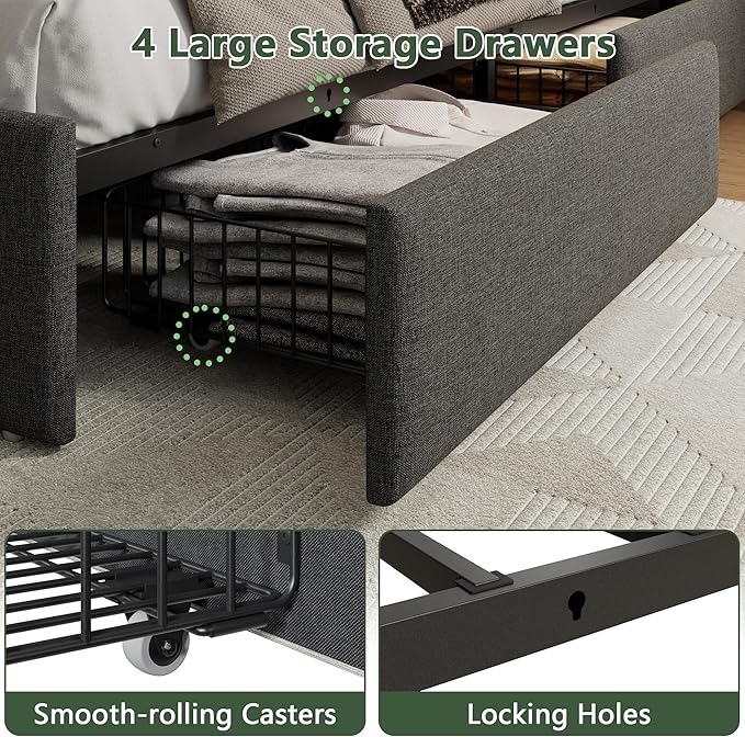 Forestell Queen Bed Frame with 4 Drawers and Storage Headboard, Grey Upholstered Platform Bed Frame Queen Size with Charging Station and LED Lights, Metal Slats Support, No Box Spring Needed