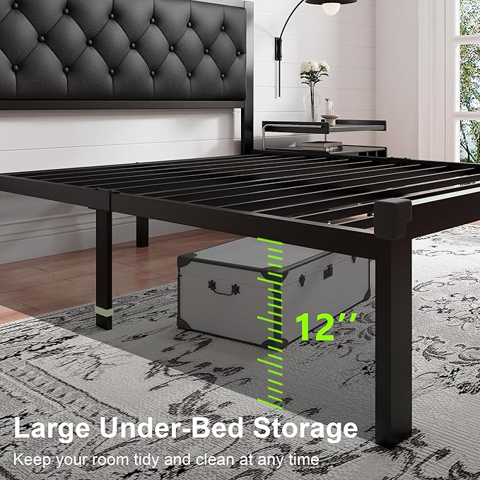 Feonase Queen Size Metal Bed Frame with Faux Leather Button Tufted Headboard, Heavy-Duty Platform Bed Frame with 12" Storage, Steel Slats Support, No Box Spring Needed, Noise Free, Matte Black