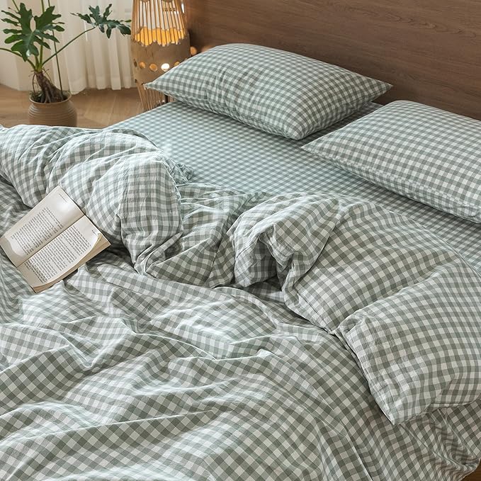 MooMee Gingham Duvet Cover Set 100% Washed Cotton Linen Like Textured Breathable Durable Soft Comfy Modern Checkered Design (Sage Green Gingham, Queen 90"x90")