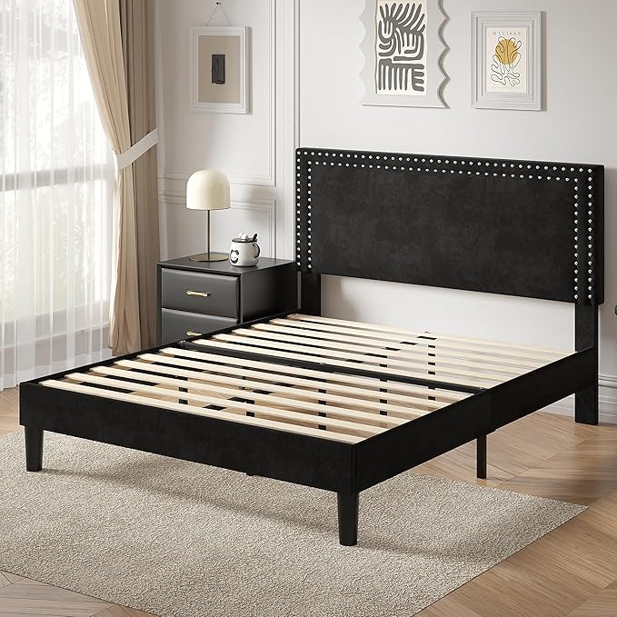 VECELO King Bed Frame with Rivet-Tufted Headboard & Footboard, Upholstered Platform Bed with Wood Slats Support, No Box Spring Needed, Noise-Free, Easy Assembly, Black