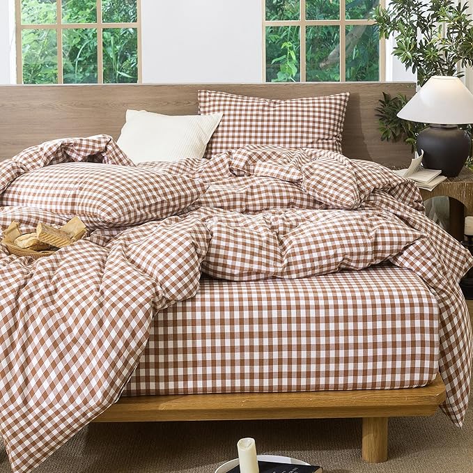 MooMee Gingham Duvet Cover Set 100% Washed Cotton Linen Like Textured Breathable Durable Soft Comfy Modern Checkered Design (Dark Orange Gingham, Super King 108"x98")