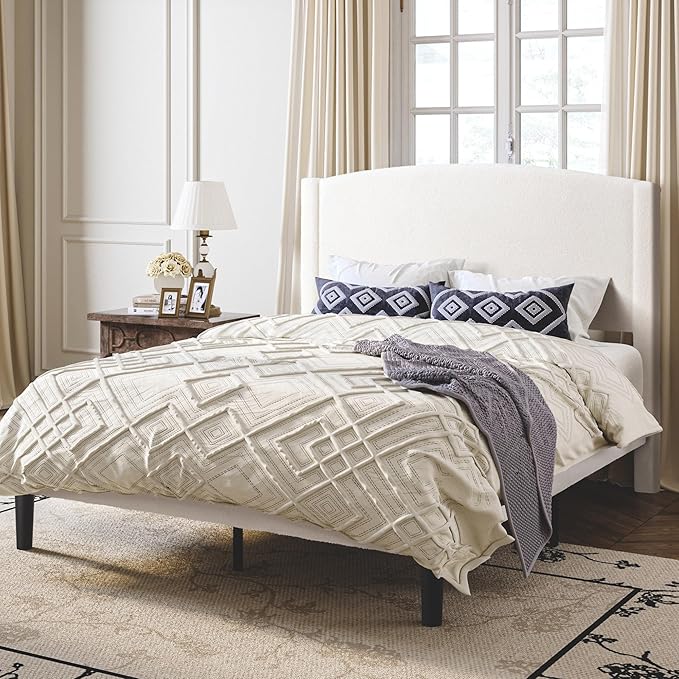 SHA CERLIN Queen Bed Frame with Soft Teddy Fabric, Boucle Upholstered Platform Bed, Curved Headboard Design, Wooden Slats Support, Noise-Free, No Box Spring Needed, Easy Assembly, White