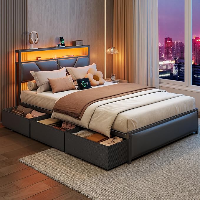 OURPIC Full Size Bed Frame, 2-Tier Storage Headboard & 6 Fabric Drawers, PU Leather Upholstered Platform Bed Frame Full with Charging Station and LED Lights, No Box Spring Needed, Noise Free