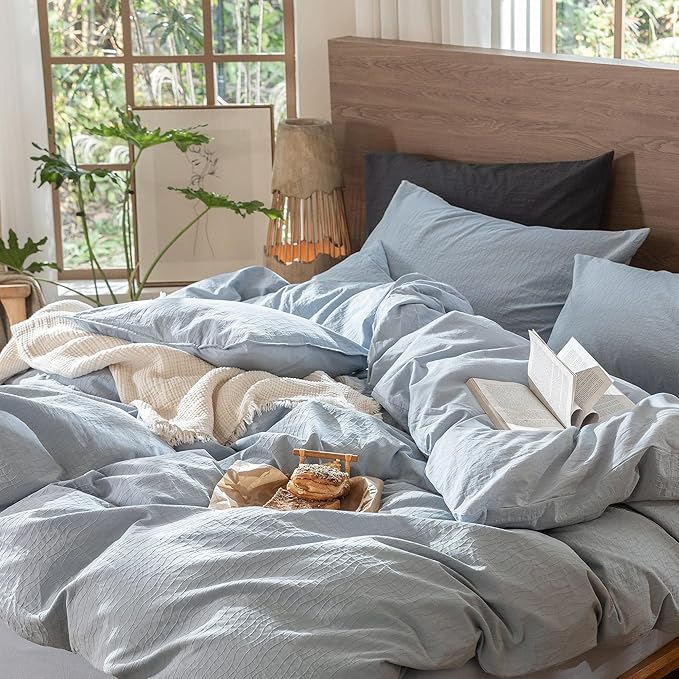 MooMee Wavy Striped Duvet Cover Set 100% Washed Cotton Linen Like Textured Breathable Durable Soft Comfy (Cornflower Blue, Super Queen 90"x98")