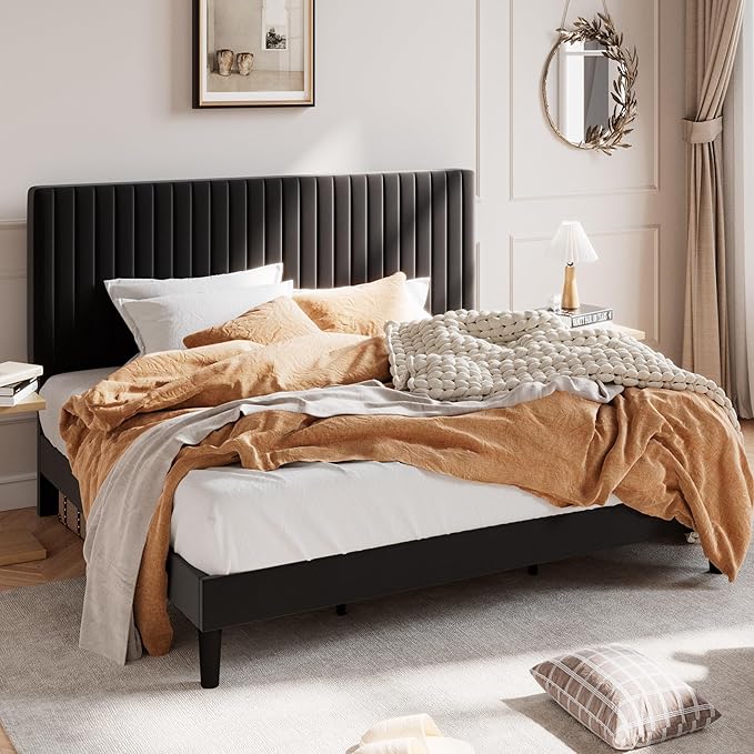 SHA CERLIN King Upholstered Platform Bed Frame with Adjustable Headboard/Vertical Channel Tufted Velvet Fabric/Wooden Slats Support/Mattress Foundation/Box Spring Optional/Black