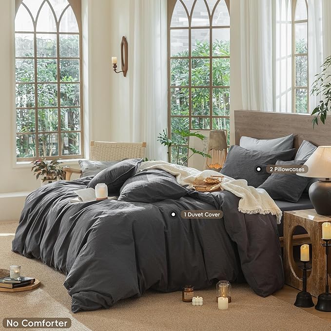 MooMee Wavy Striped Duvet Cover Set 100% Washed Cotton Linen Like Textured Breathable Durable Soft Comfy (Charocal Grey, Palatial King/Oversized King 120"x98")