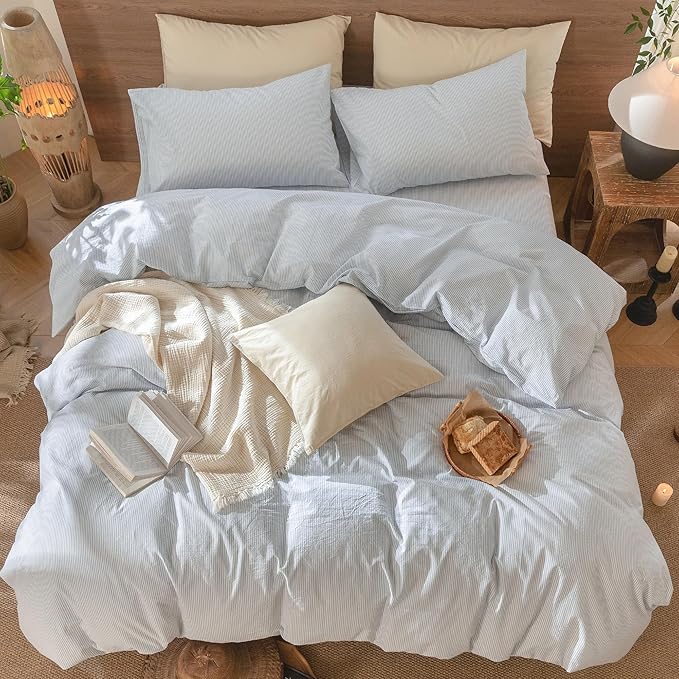 MooMee Striped Duvet Cover Set 100% Washed Cotton Linen Like Textured Breathable Durable Soft Comfy (Cornflower Blue White Pinstripes, Full 80"x90")