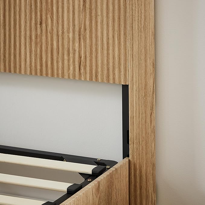 Bellemave King Size Lift Up Storage Bed, Oak Wood Lift Up Bedframe King, Wooden Corrugated Curved Lines, Hydraulic Storage,Oak