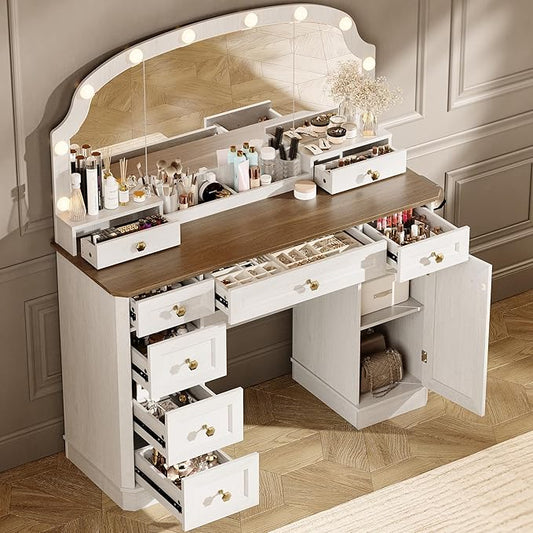 Farmhouse Makeup Vanity Desk with Mirror and Lights, 47'' Vanity Table with 8 Storage Drawers 1 Cabinet & 2 Organizer Trays, Large Dressing Table with Charging for Bedroom Rustic White