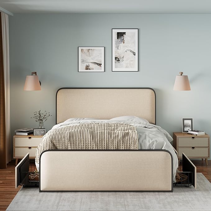 Merax Metal Platform Bed King Size with Curved Upholstered Headboard and Footboard, King Bed Frame with 4 Storage Drawers Under Bed, Heavy Duty Metal Slats, No Box Spring Needed, Easy Assembly, Beige