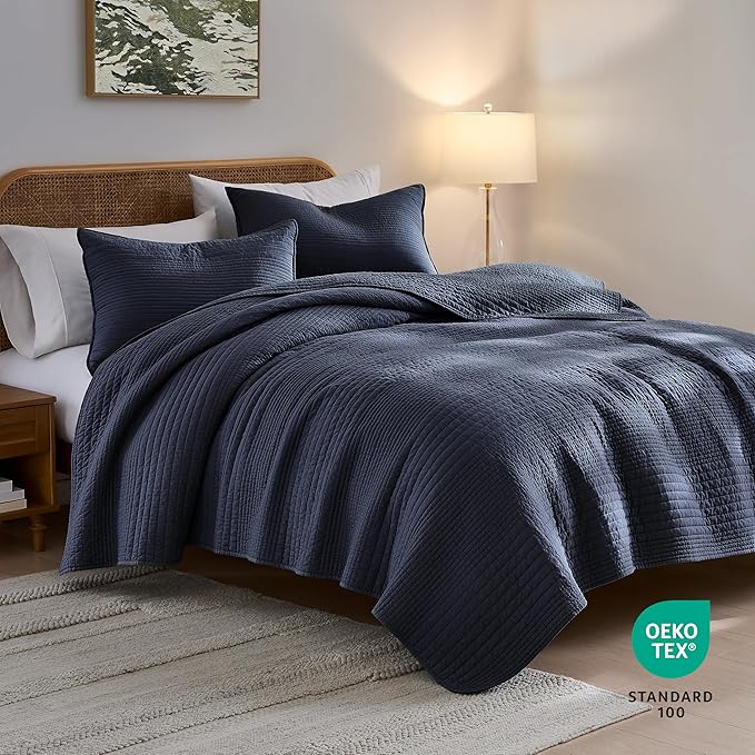 palassio Striped Navy Blue 100% Cotton Quilt King Size Bedding Sets, Lightweight Crinkly Channel Pick Stitch Textured Bedspread Soft Shabby Chic Farmhouse Country Coverlet for All Season, 2 Shams