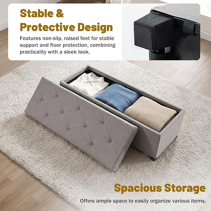 DUMOS Upholstered Storage Bench, End of Bed Ottoman, Extra Large 46.5 Gal (176L) Internal Volume, Foot Stool for Bedroom, Living Room, Sturdy Storage Chest, Light Grey, 43.3" L x 15.7" W x 15.7" H