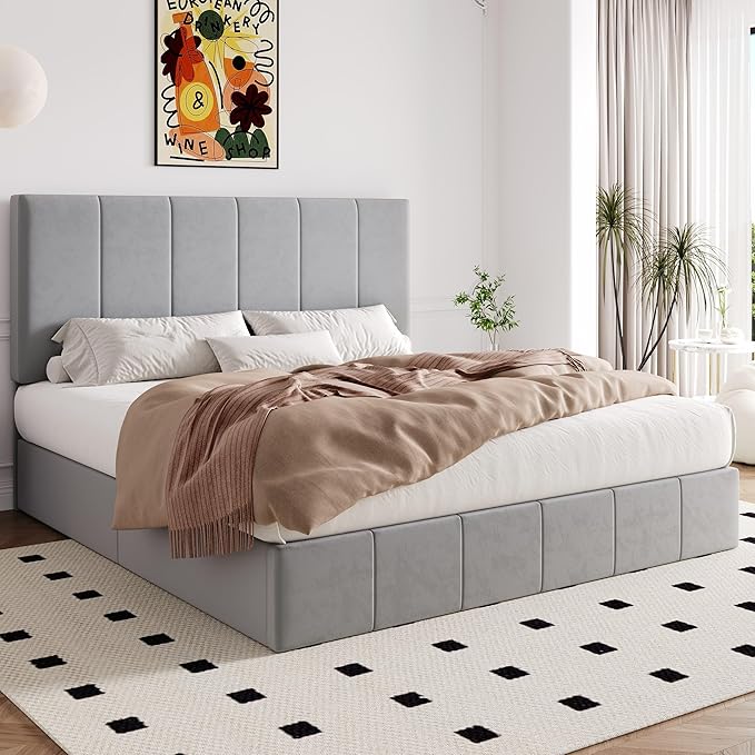 Allewie King Size Velvet Lift Up Storage Bed Frame, Vertical Channel Tufted Headboard, Hydrualic Underneath Storage, Upholstered Platform Bed, Wooden Slats Support, No Box Spring Needed, Gray